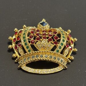 Vintage KJL Kenneth Jay Lane Royal Crown Brooch Gold Tone Multicolor Crystals